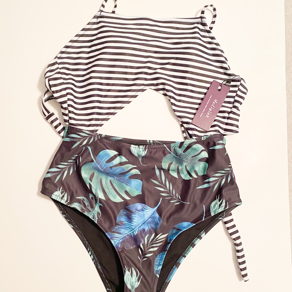 One piece striped and floral bathing suit